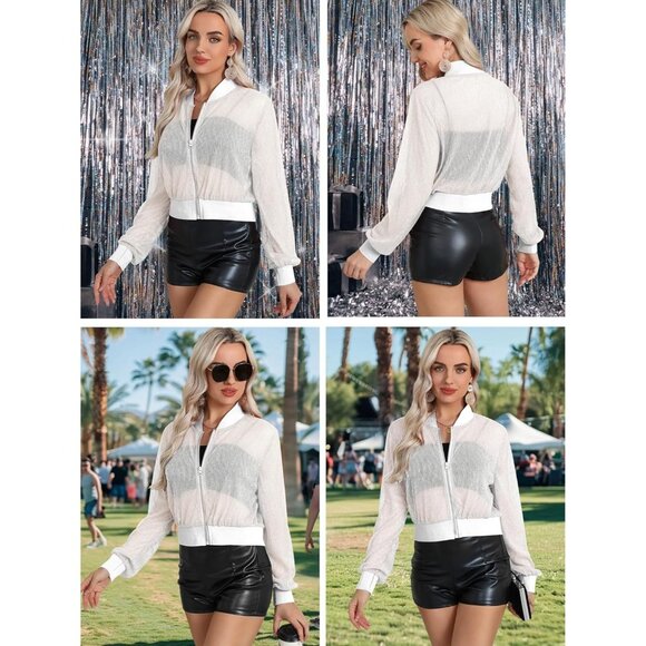 Womens White Sheer Mesh Sparkly Crop Bomber Jacket Glitter Rave Outfit - Picture 2 of 5